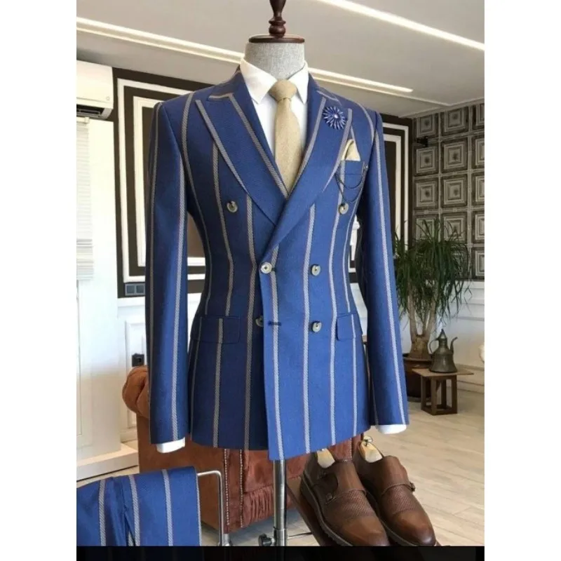 

Men Suits Blue Wide Stripe Peaked Lapel Slim Fit Tuxedo Masculino Blazer Prom Daily Wear Custom 2 Pieces Jacket+Pants