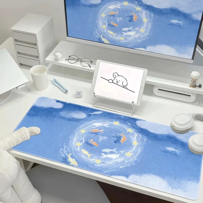 Leather Desk Pad Protector CHealing Blue Little Fish Star Mouse Pad Office Desk Mat Waterproof Non-Slip PU Desk Blotter Pad