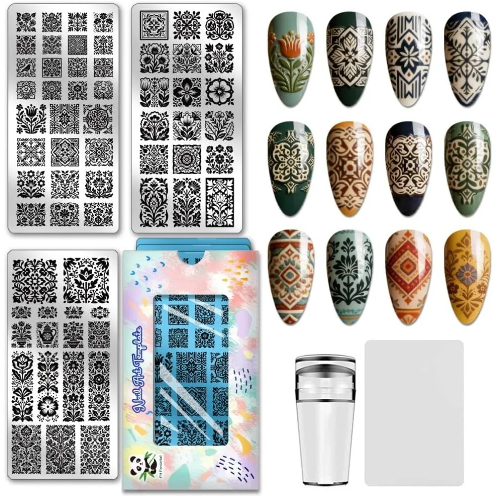 3pcs Flower Nail Stamping Plate Vintage Floral Nail Art Templates Botanical Plant Nails Printing Stencils
