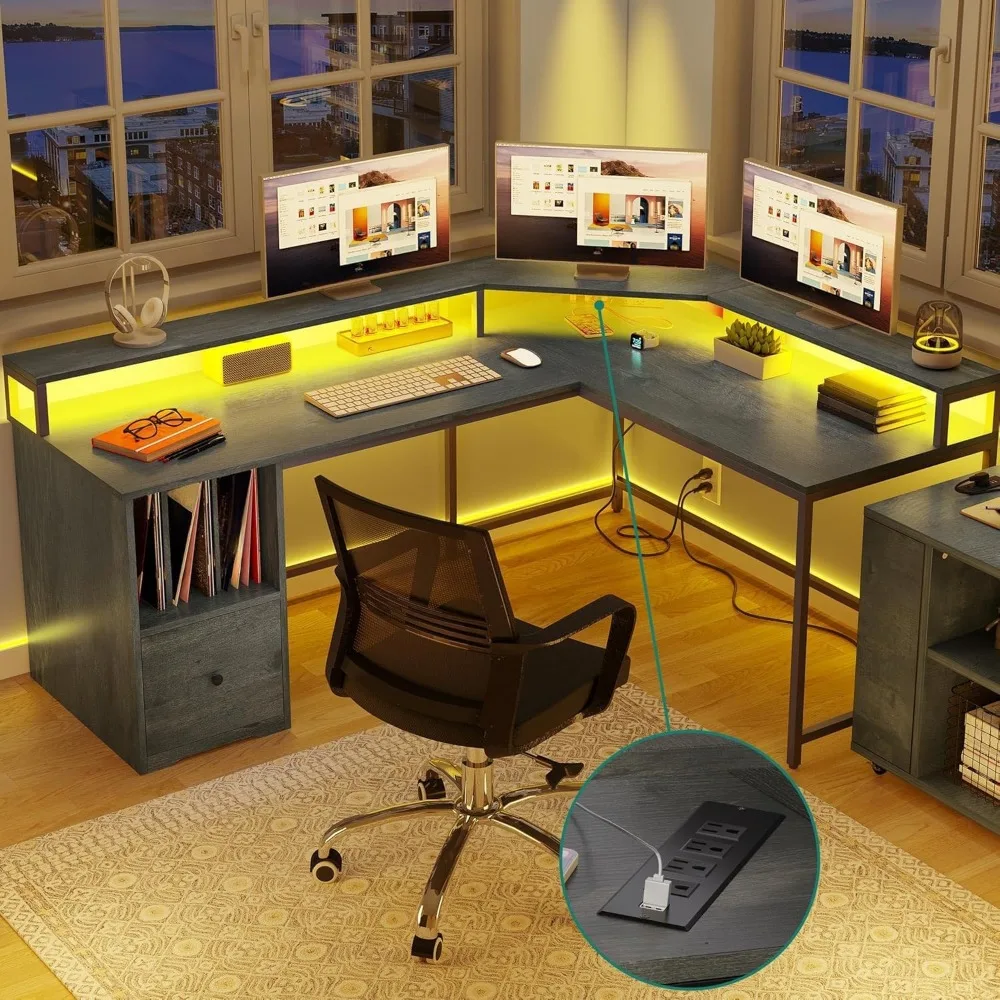 

L Shaped Desk with Power Outlets & LED Lights, 67 Computer Desks with File Drawer, Corner Desks Home Office Desk with Mon