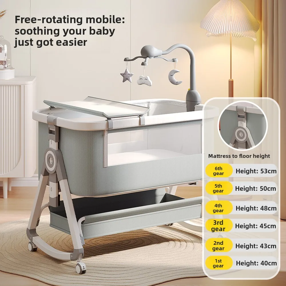 Babyfond Crib Moveable  Bell Cradle Portable Foldable Multifunctional  Newborn Splicing Queen Bed
