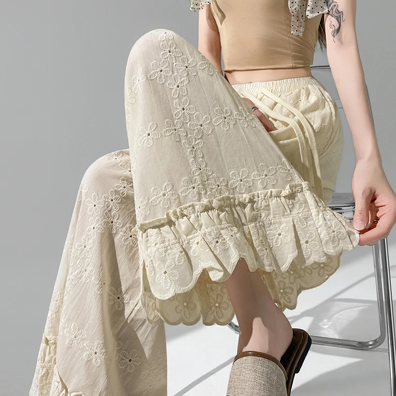 

Embroidered Lace Hollow out Wide Leg Pants Women's Base Layer Underwear Small Size Wooden Ear Loose Casual Nine Point Pants