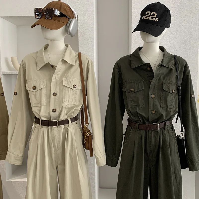 

Korean Sle Retro Cool Workwear Jumpsuit Women's Spring High Waist Slimming One-Piece Pants Cotton Casual Trousers