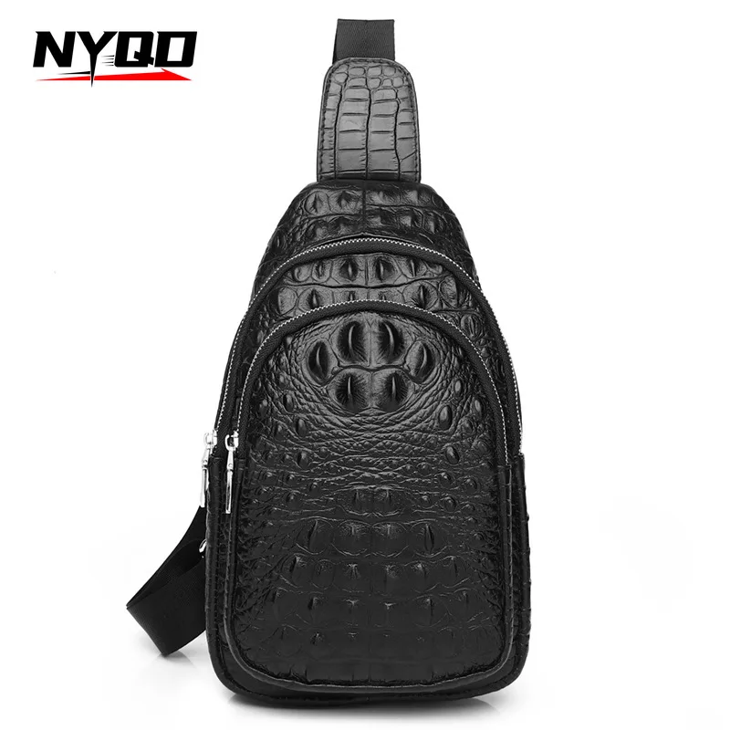 

Cowhide Leather Bag for Men Crocodile Grain Fashion Black Multifunctional Leather Chest Bag Sac Bandoulière Homme