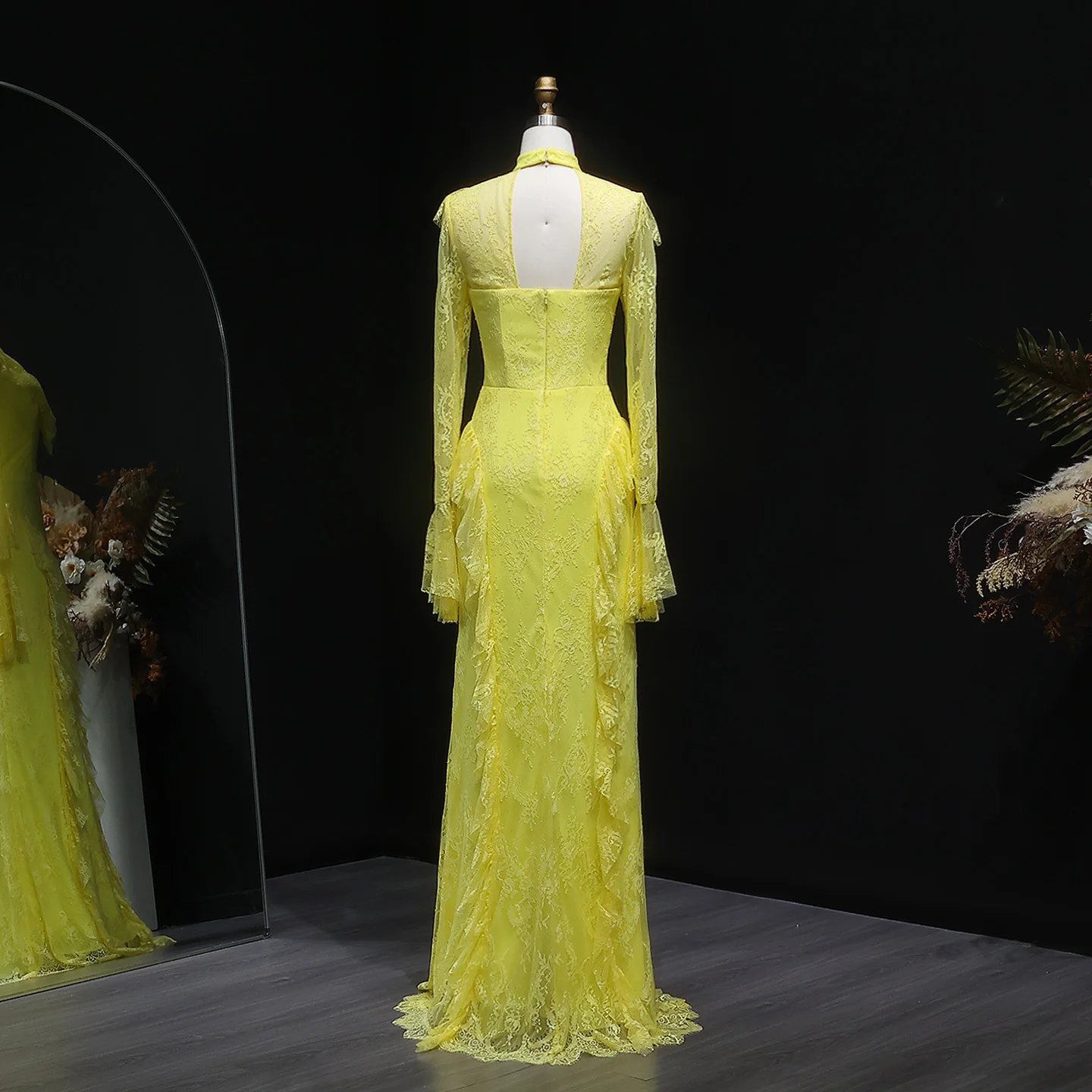 شارون سعيد أنيقة طويلة الأكمام حورية البحر مساء اللباس الأصفر الدانتيل الكشكشة النساء رداء حفلات الزفاف SF063 مخصص