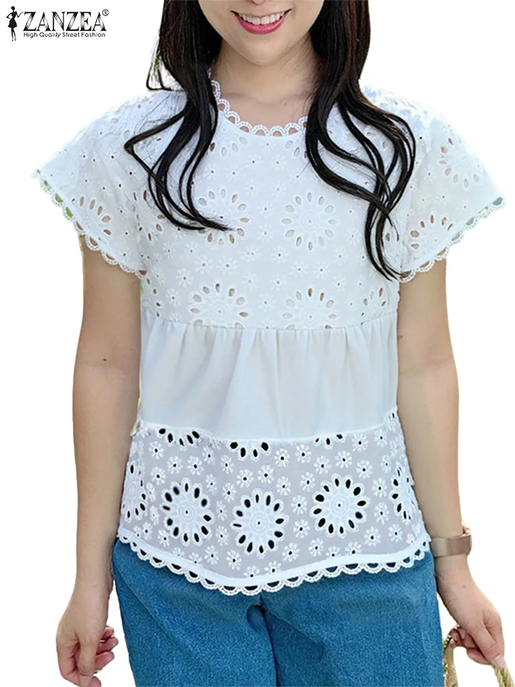 Women Lace Tops Summer Vintage Hollow Out Blouse Fashion Short Sleeve Tunic Solid Pullovers Casual Loose Blusas 2025 ZANZEA