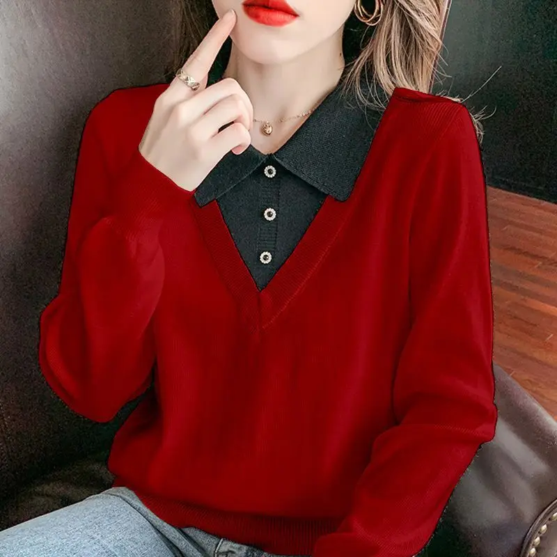 Long Sleeved Sweater Loose and Slimming Color Matching Fake Two-piece Knit Sweater Autumn and Winter New Base Coat Top Women