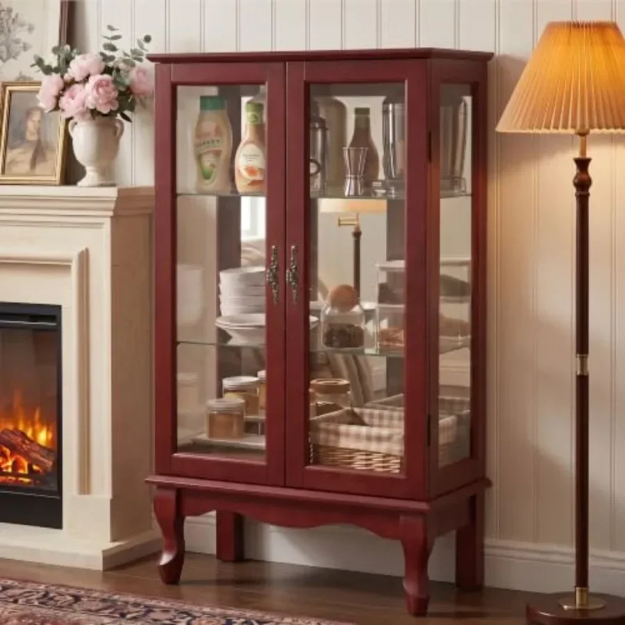 Living Room Wine Artwork Showcase Rack: Lighted Glass Curio Cabinet, Vintage China Cage Style, Clear Tempered Glass Doors, Adju