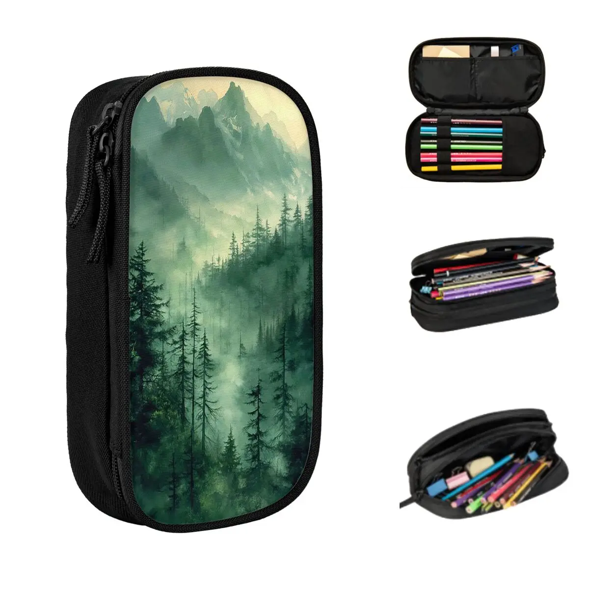 

Watercolor Mountain Forest Fog Pencil Case for Studen School Pen Box Pencil Bag Stationery Supplies Pen Holder Bag