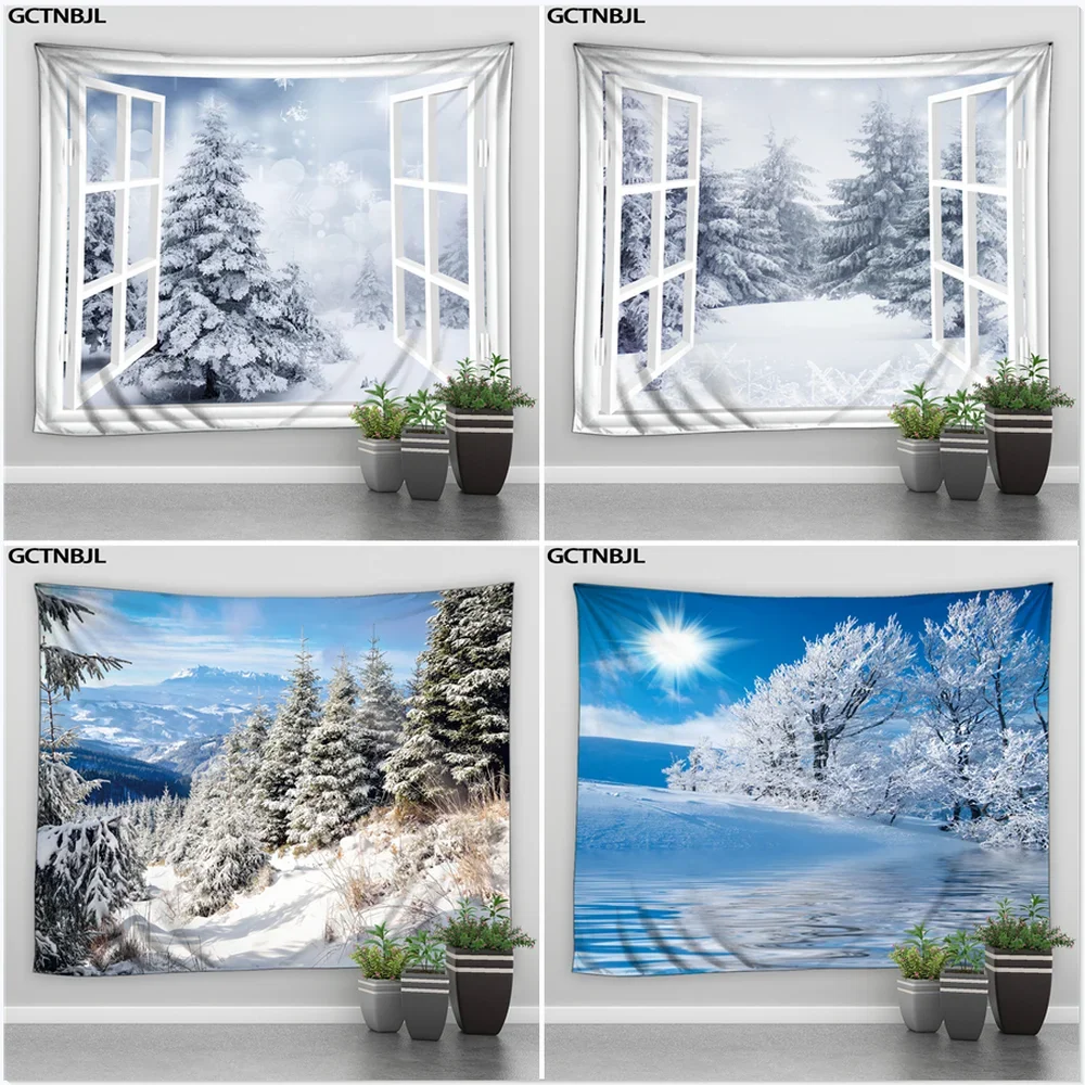 Dreamy Winter Landscape Tapestry Snow Pine Trees Forest Sunset Glow Photography Background Christmas Bedroom Room Decor Blanket