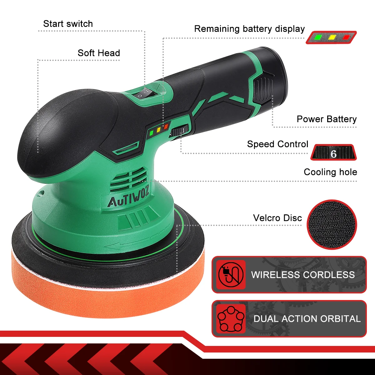 AUTIWOZ 12V Cordless Car Polisher 6 Inch 150mm Dual Action Brushless Auto Buffer Machine 110V Single Battery Clearance