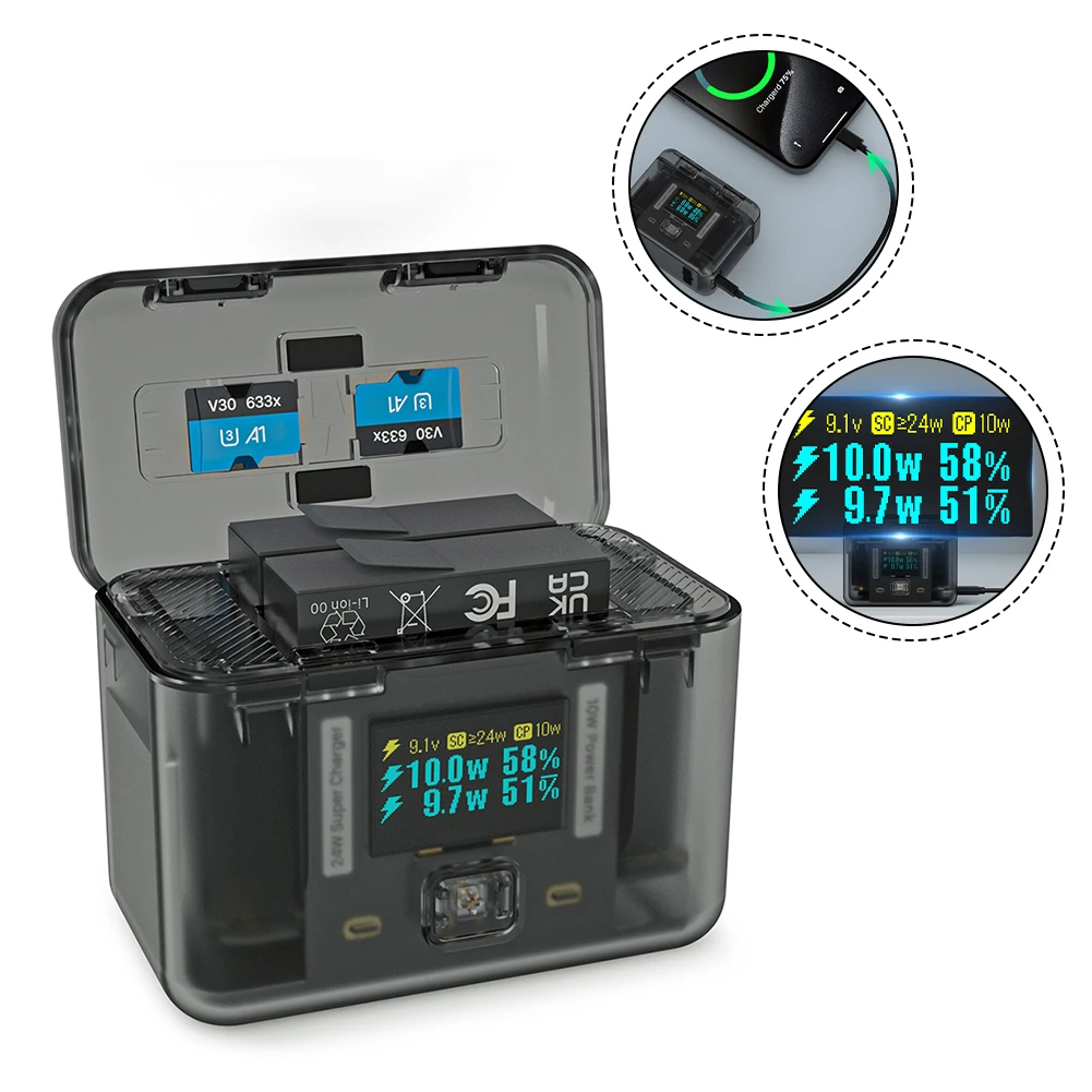 24W Smart Charging Case Battery Bidirectional Fast Charging Charger With Memory Card Storage For Insta360 AcePro2 Accessories