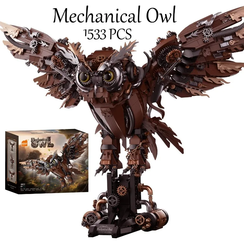 1533PCS Retro Mechanical Owl with Bracket Building Blocks,Cyber Punk Animal Creative Home Decor Assembly DIY Toys Kid Adult Gift