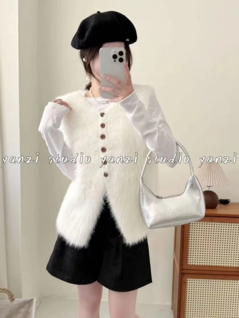 Autumn Winter V Neck Knitted Vest Women Chunky Oversized Faux Mink Fur Cardigan Coat Casual Outerwear