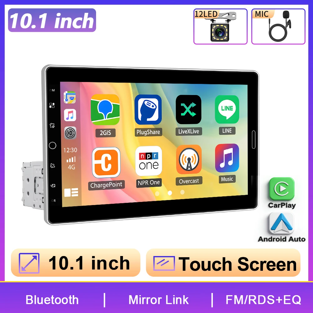 Podofo Autoradio universel 10,1 pouces avec écran rotatif 1Din, autoradio sans fil Carplay Android Auto, FM/AM/RDS BT Multimédia