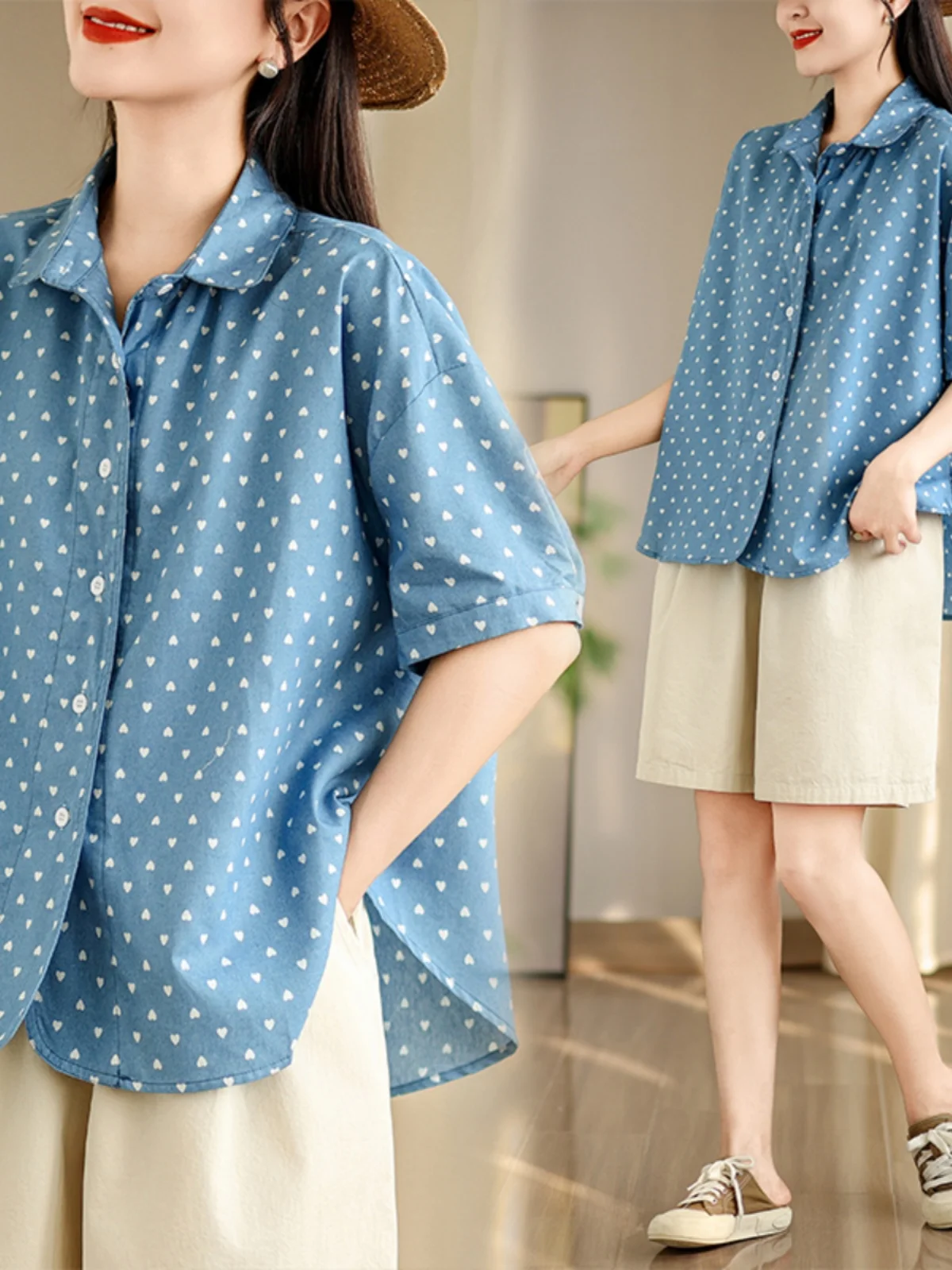 Csa casual solta de verão estilo coreano denim estampado vintage harajuku sabor hong kong f gola  manga curta