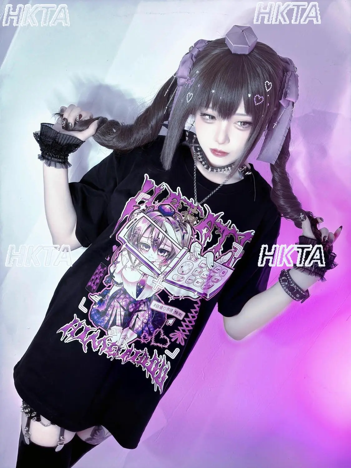 Japanese Subculture Y2k Millennial Two Dimensional Print T Shirt Dark Goth Short Sleeved T-shirt Top Loose Black Tshirt Women