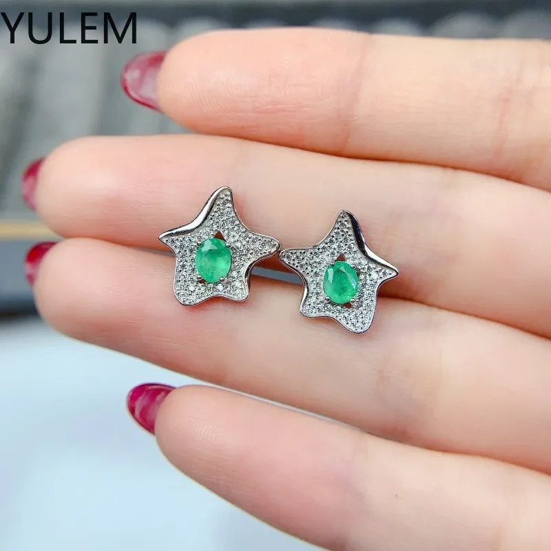 YULEM Elegant Natural Emerald Dangle Earrings 925 Sterling Silver Gemstone for Women Party Christmas Fine Jewelry Gift
