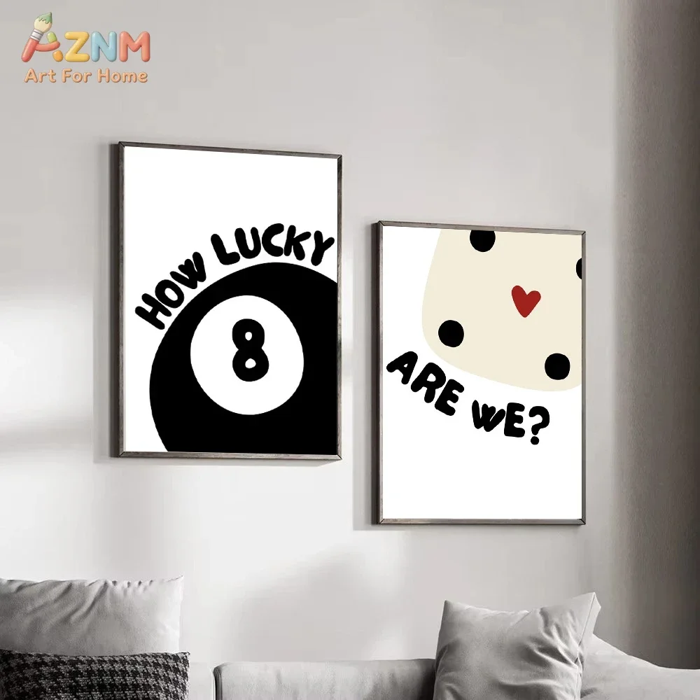 AZNM Retro Lucky 8 Ball Canvas Wall Art How Lucky Are We Text Print Cute Polka Dot Heart Design Trendy Minimalist Living Room Be
