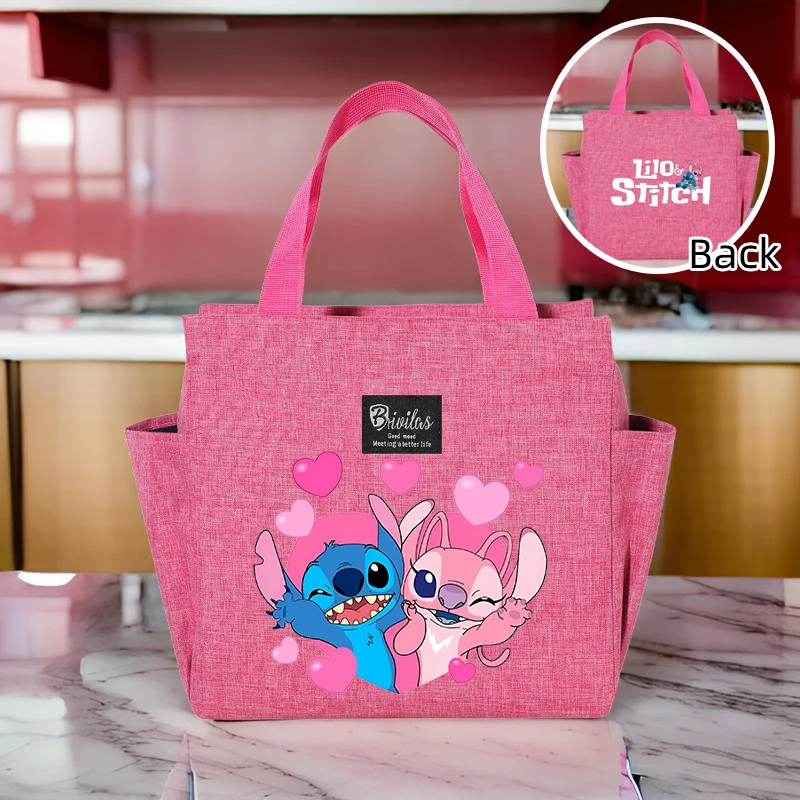 Stitch Insulated Lunch Bag, Stitch & Angel Portable Lunch Carrier, Bento Tote, น้ําหนักเบา, นํากลับมาใช้ใหม่ได้, ป้องกันการรั่วซึม, การออกแบบแบบพกพา