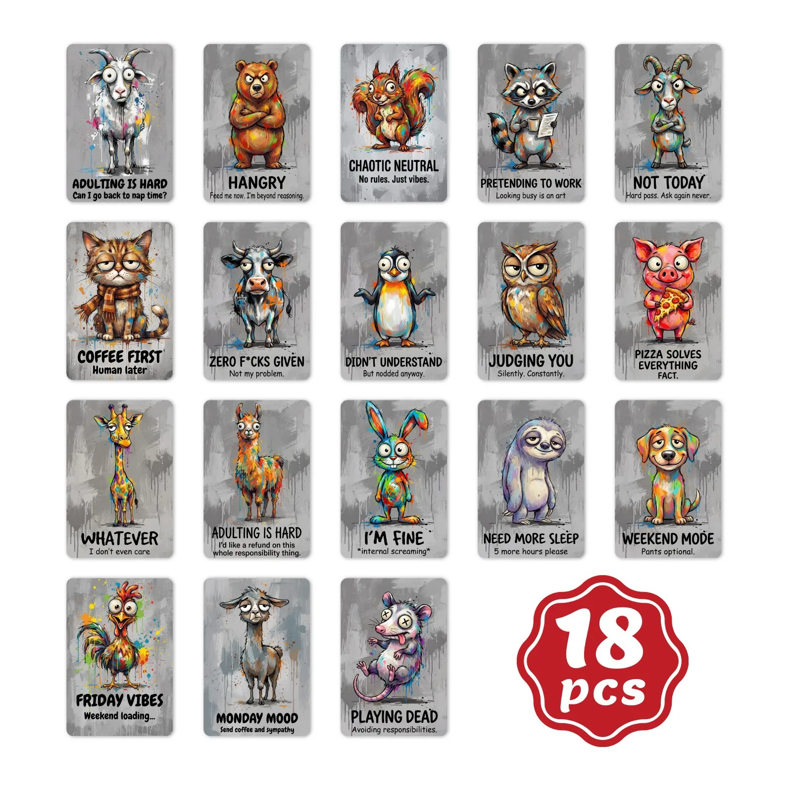 

18 Watercolor Ink Splash Illustration Style Humorous Animal Witty Quotes Adult Text Card Set for Creative Collection and Gifting