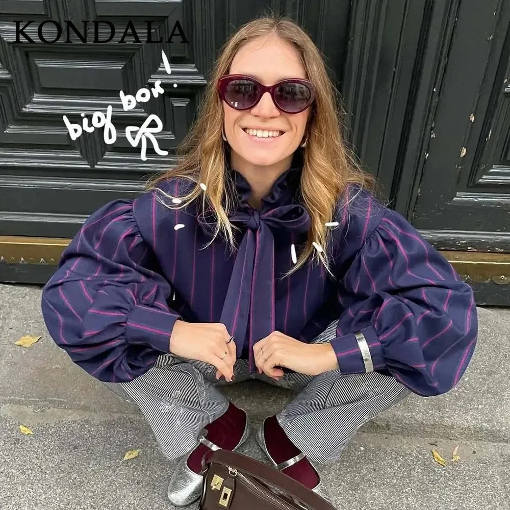 KONDALA 2025 秋冬 カジュアル レディース シャツ ファッション ストリートウェア ストライプ シングルブレスト ターンダウンカラー レディース シャツ
