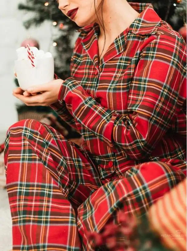 Red Plaid Women Pajamas 2 Pieces Sleepwear Tops Pants Autumn Winter Pijamas HomeWear Clothes Front Button With Chest Pocket S-XL