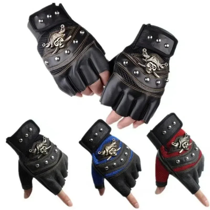 Pirate Captain PU Leather Fingerless Gloves Men Women Skulls Rivet Mitts Hip Hop Gym Gloves Female Bike Half Finger Gloves