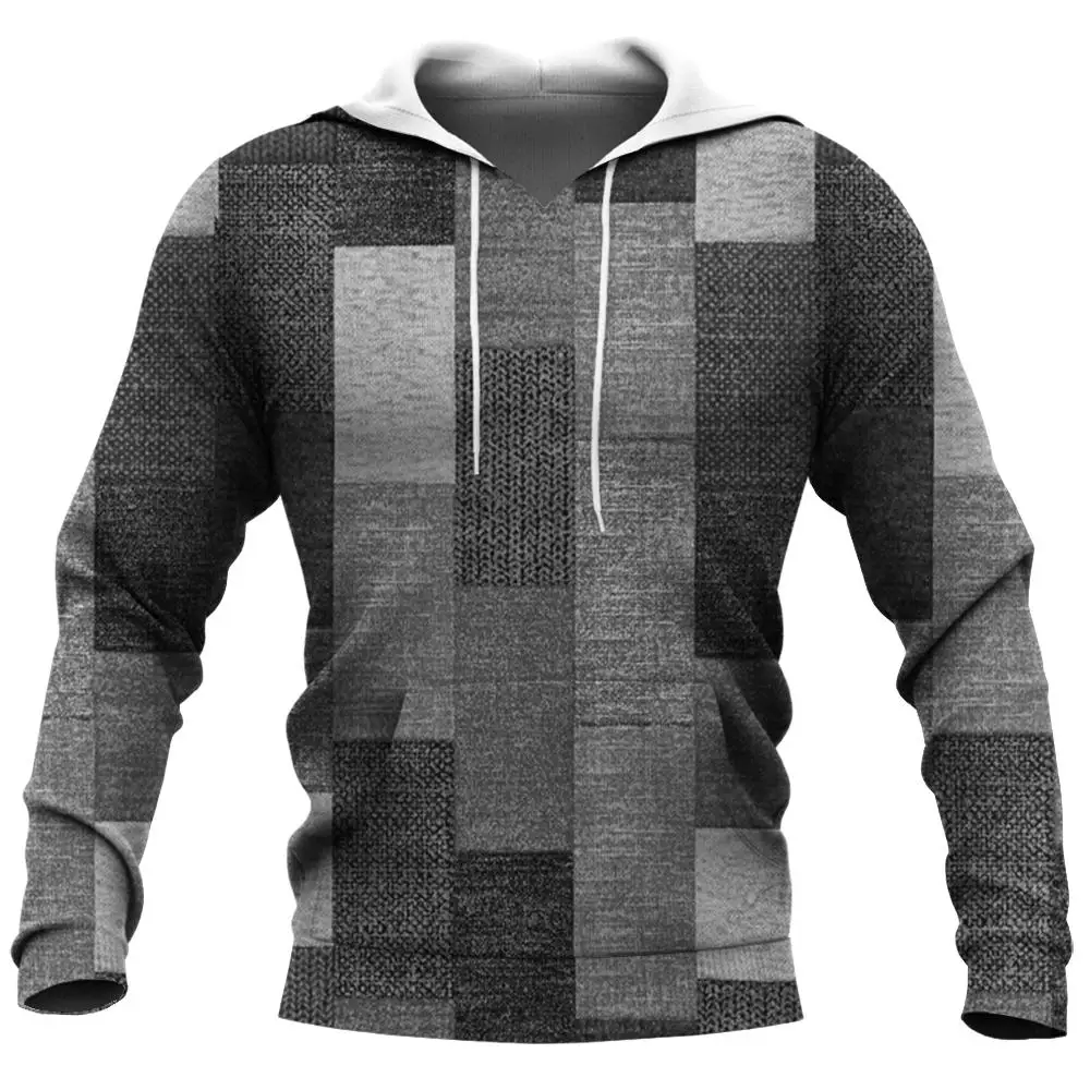 Vintage Men's Hoodie Geometric Pattern Hoodies Color Block Plaid 3D Print Pullover Sweatshirt Fashion Casual Sportswear Clothing