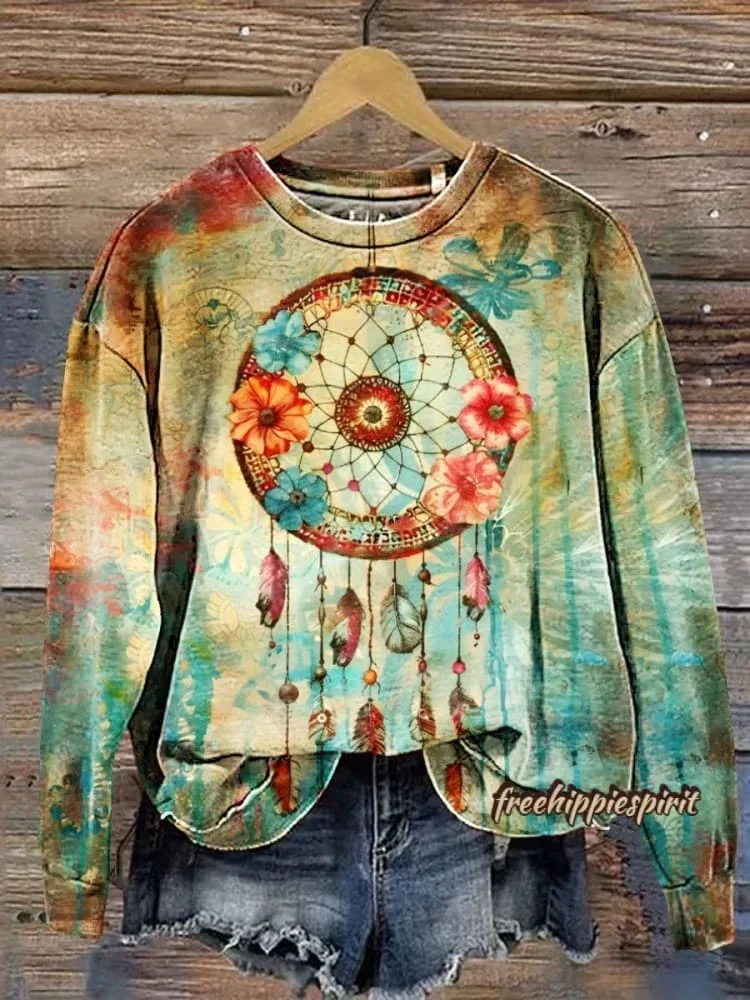 

Autumn New Arrivals Women’s Floral and Dreamcatcher Art Print Casual Sweatshirt,Women's Clothing,Plus Size Tops,Women Sweatshirt