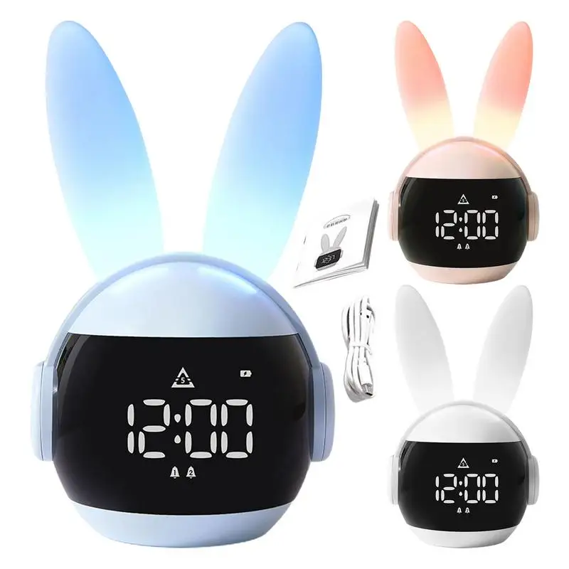 Rabbit Alarm Clock Rainbow Animal Lamp Three Ways Wake Up Rechargeable Bedside Clock Creative Timing Night Light For Bedroom