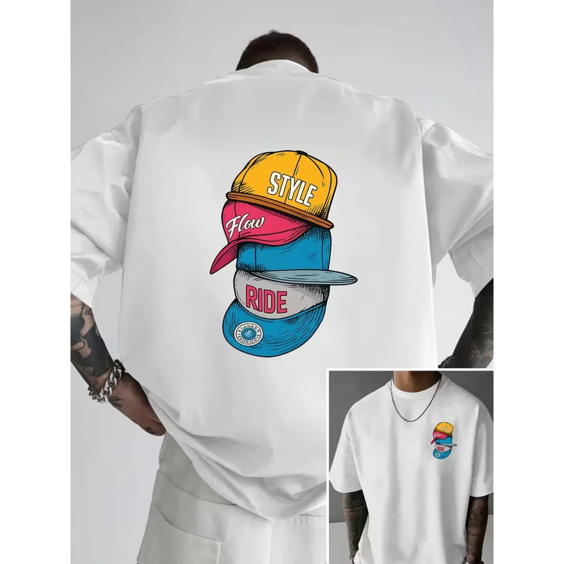 Stacked Hat Graphic Print Men's Oversized T-Shirt Streetwear Summer Casual Short Sleeve Tee