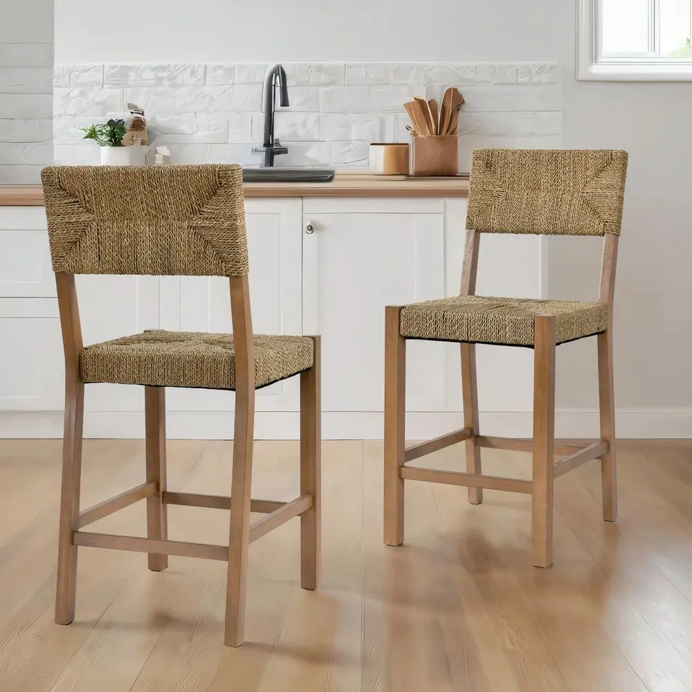 

Rattan Bar Stools Set of 2, 24 Bohemian Counter Height Stool with Woven Seagrass Seat and Back, Solid Wood Legs and Footrest for
