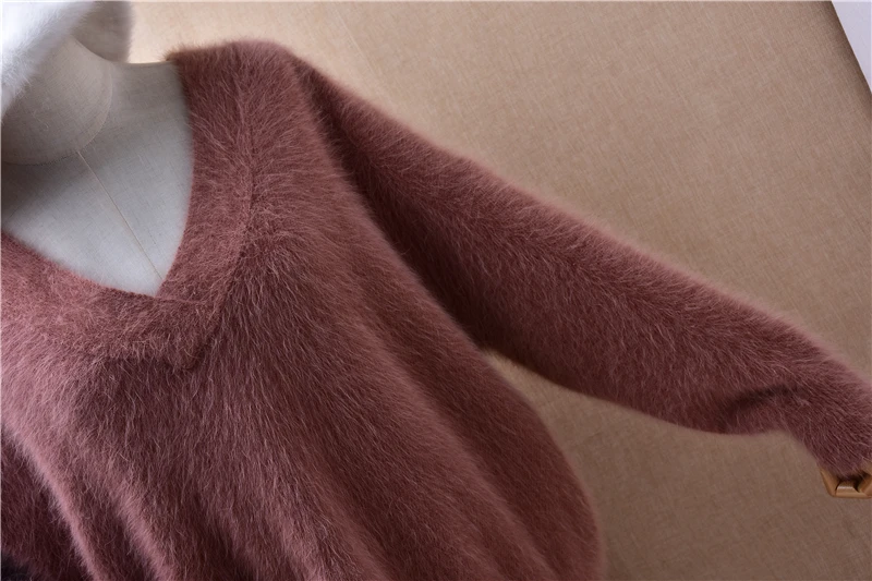 Ladies Women Fall Winter Clothing Hairy Plush Mink Cashmere Knitted V-Neck Long Sleeves Loose Pullover Sweater Jumper Pull Tops