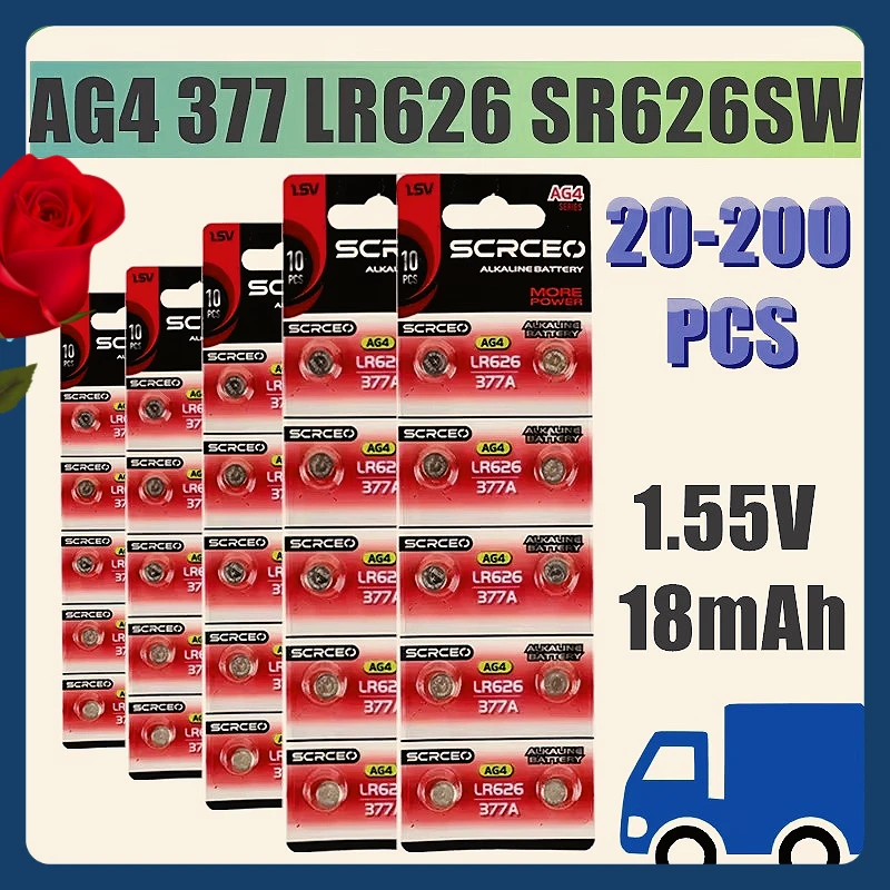 

20-200PCS AG4 High Performance 377 SR626 SR626SW 1.55V Cell Coin Alkaline Battery 177 376 626A LR66 LR626 For Watch Toys Clock