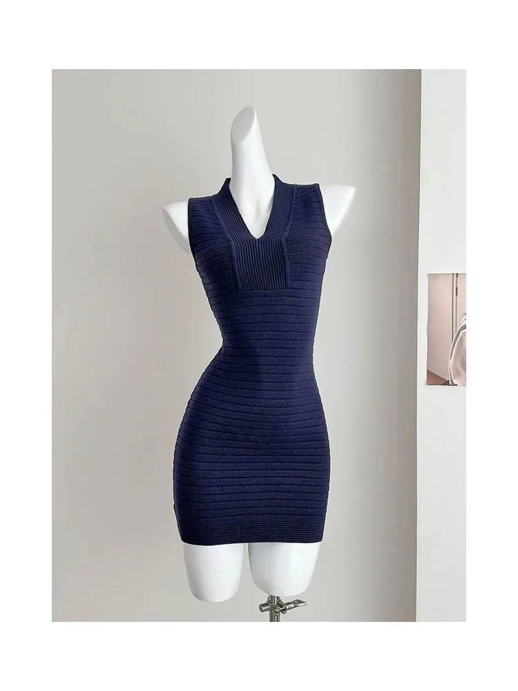 กระโปรงทรงสลิมฟิตเซ็กซี่ V-Ne ถัก Dr เอวสูงฤดูร้อนใหม่ Sle Ladylike Sle ห่อรอบ Bodycon Dr