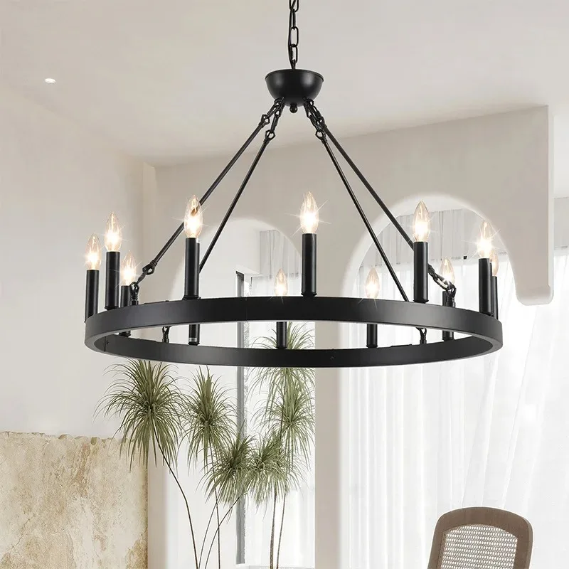 American Wagon Wheel Chandelier Rustic Industrial Vintage Loft Staircase Lighting Hotel Club Project Round Candle Bulb Fixture