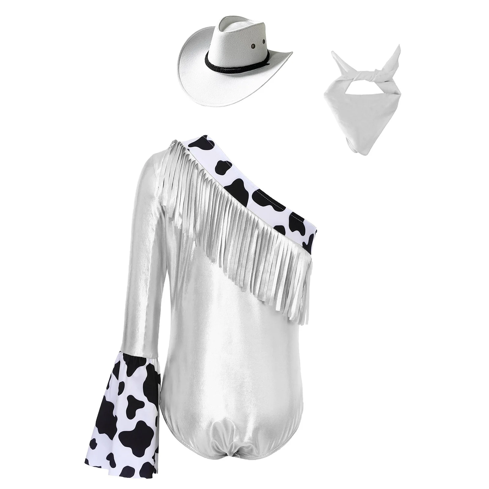 Kids Girls Western Cowgirl Costume Sets Fringed Metallic Crotch Press Buttons Bodysuit with Drawstring Hat And Bandanna Set view 5