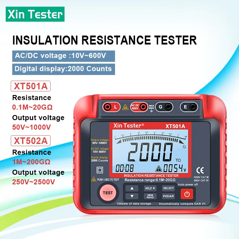 

Xin Tester 1000V/2500V High Voltage Insulation Resistance Tester 2000 Counts LCD Display Auto Range Megohmmeter Voltmeter