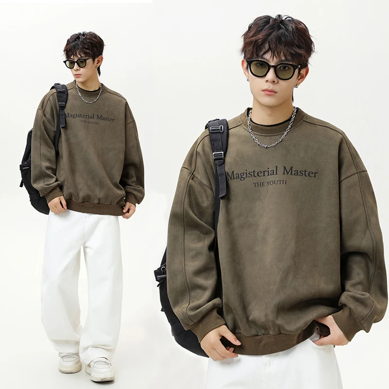 الخريف موضة الاتجاه رسالة مطبوعة Crewneck البلوز سبليت والانضمام معطف الرجعية الرجال ملابس الهيب هوب فضفاضة غير رسمية