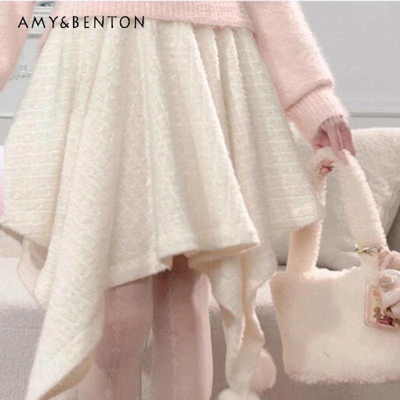 Autumn Winter New Sweet Design Plush High Waist Women's Skirt Korean Fashion Personality Versatile Irregular A-line Skirts Girl