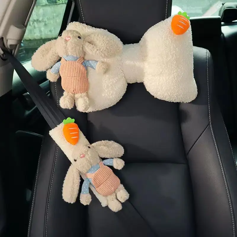 Car Seat Pillow Belt Headrest Neck Pillow Cute Cartoon Rabbit Carrot Plush Auto Head Cushion Neck Support Shoulder Car Interior