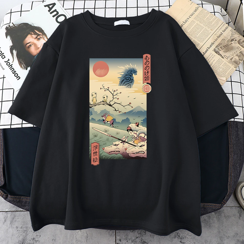 Wolf Princess Ukiyo Men T-Shirt Japanese Style Fashion Streetwear Harajuku Casual Men\'s Shirt Oversized Round Neck Male Tshirts