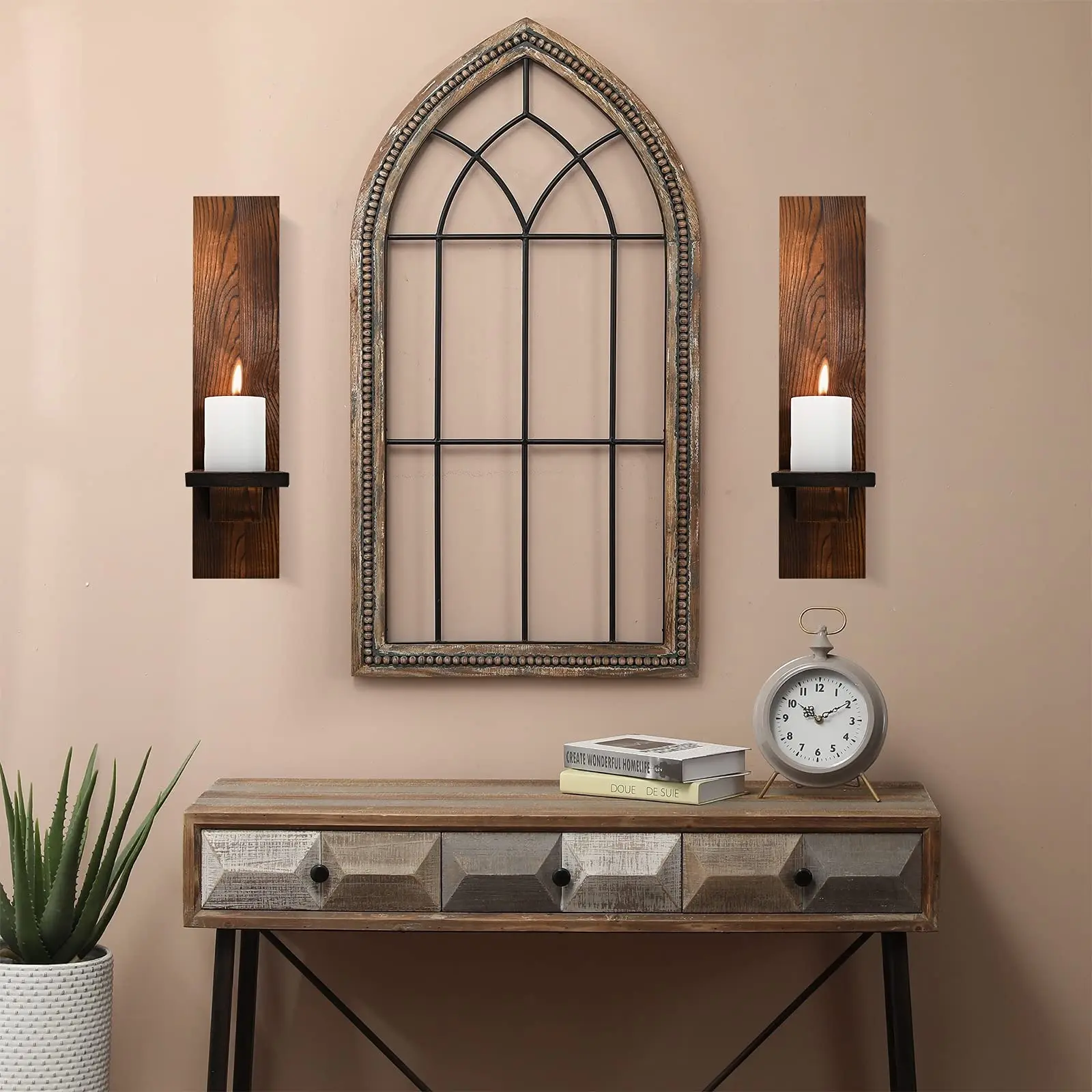 Set of 2 Rustic Wooden Wall Candle Sconces 4