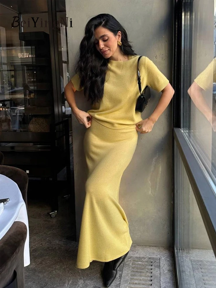 

Beiyingni 2025 Fashion Women Matching Sets Knitted Tops + Pack Hip Long Maxi Skirt Sets Female Elegant Casual New Two Piece Set