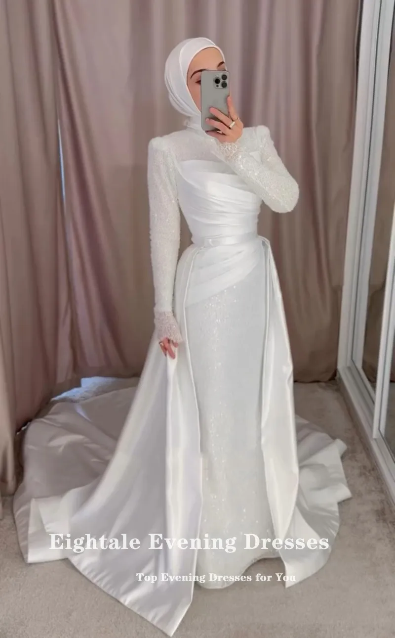 Robes de mariée arabes de quatre-quarts personnalisées paillettes manches longues sirène robe de mariée en Satin ivoire avec jupe détachable
