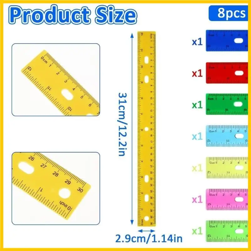 12 بوصة من الحكام الملونة الصافية مع حاكم الرسم الملون في الرياضيات مع مقياس سنتيمترات بوصات لقياس