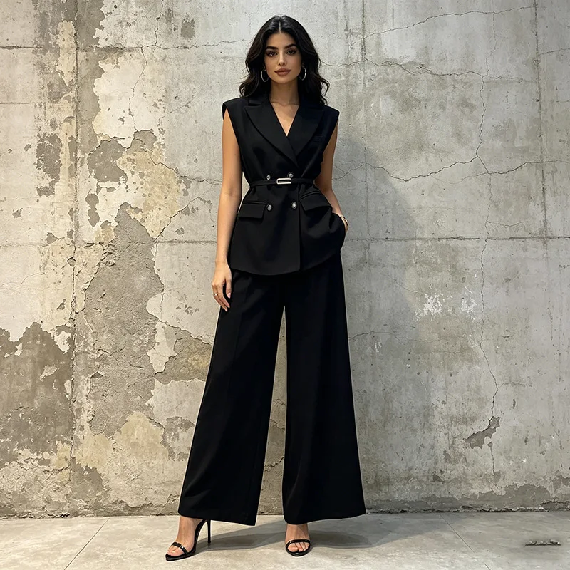 Women Sleeveless Blazer Pants 2 Piece Suit Double Breasted Belted Waist Vest Wide Leg Trouser Set Elegant Office Business Outfit