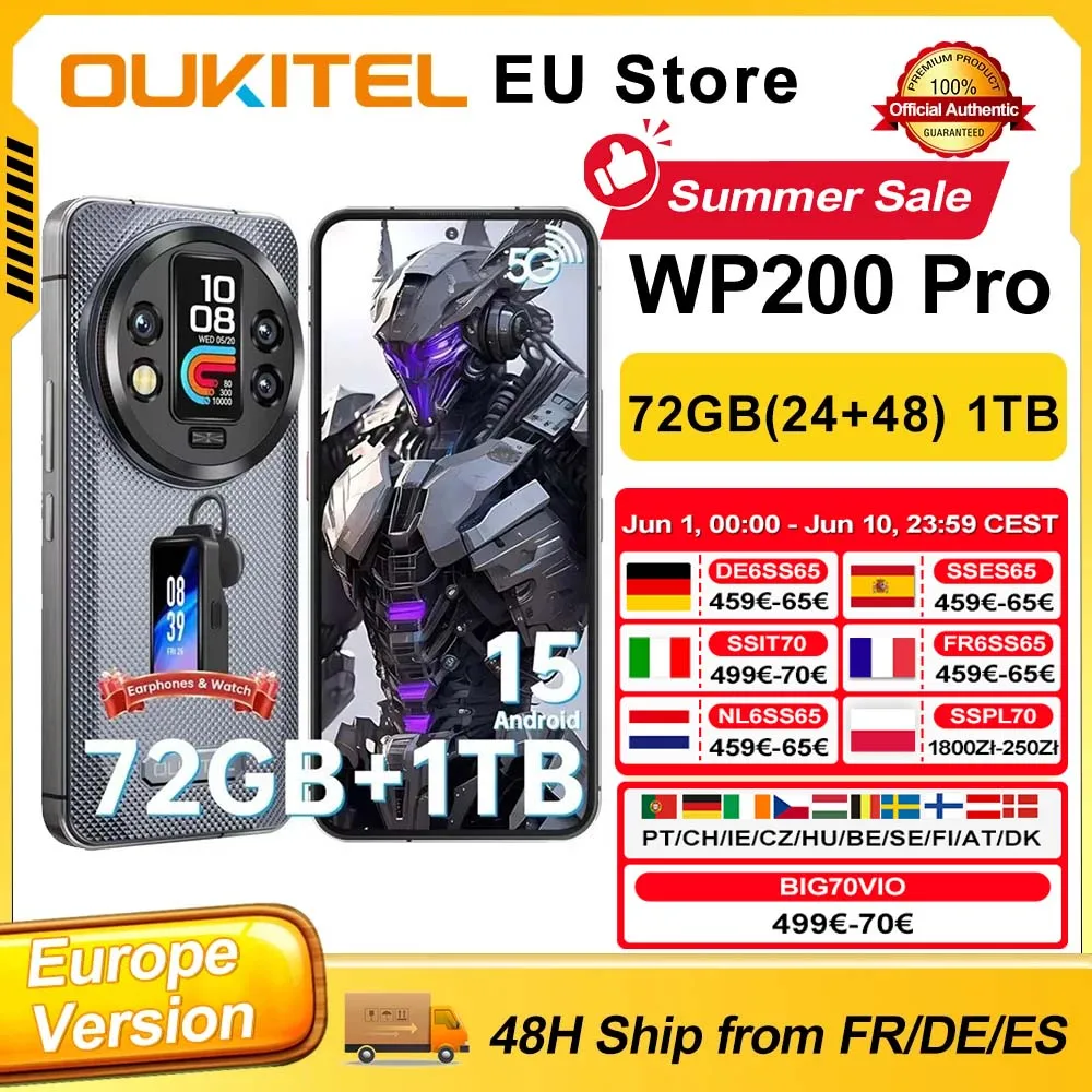 OUKITEL WP200 Pro Android 15 72GB(24 + 48) 1 to Smartphone robuste 5G 6.7 ''120Hz 108MP 8800mAh 45W écouteurs détachables-SmartWatch