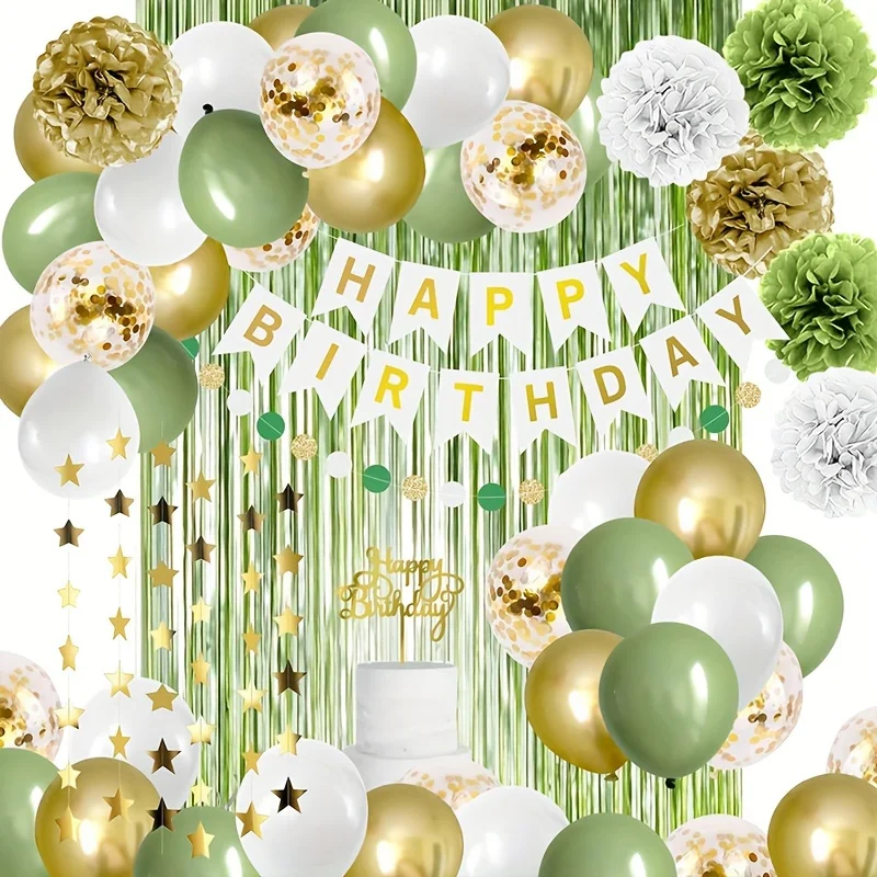 45pcs Sage Green Birthday Party Decoration Olive Green and Gold Balloon Green Neutral Decoration White Happy Birthday Banner